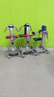 Job of Hoists Including 2 x Arjo Alenti Patient Hoists with Controllers - Damage to 1 x Wheelset, See Photo (Untested Due to Missing Batteries) 1 x Arjo Calypso with 1 x Battery and 1 x Controller (Powers Up) *SN 1598127724008, SEE0403318*