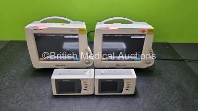 Job Lot Including 2 x Philips IntelliVue MP30 Patient Monitors (Both Power Up) with 2 x Philips IntelliVue X2 Handheld Patient Monitors Including ECG, SpO2, NBP, Press and Temp Options (Both Power Up) *SN DE037A9936 / DE575R0262 / DE728A9849 / DE728A9860*