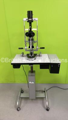 Haag Streit Bern SL900 Slit Lamp with Binoculars, 2 x 10x Eyepieces and Chin Rest on Table (Powers Up With Good Bulb - Damaged Wheels - See Pictures) *S/N 90037668*