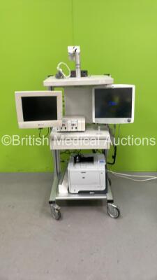 Stack Trolley with 2 x GE Monitors, GE Module Rack with 2 x E-PRESTN Multiparameter Modules with SPO2, T1-T2, P1-P2, NIBP and ECG Options and HP Printer (Powers Up)