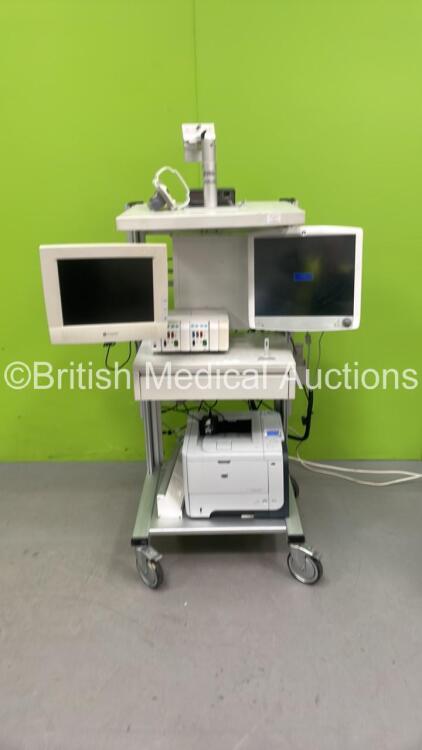 Stack Trolley with 2 x GE Monitors, GE Module Rack with 2 x E-PRESTN Multiparameter Modules with SPO2, T1-T2, P1-P2, NIBP and ECG Options and HP Printer (Powers Up)