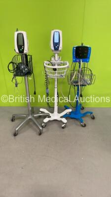 1 x Welch Allyn SPOT Vital Signs Monitors on Stand, 1 x Welch Allyn 420 Series Vital Sign Monitor on Stand and 1 x GE Dinamap Carescape V100 Vital Signs Monitor on Stand (All Power Up) *S/N SDT09070142SP*