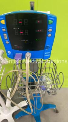 1 x Welch Allyn SPOT Vital Signs Monitors on Stand, 1 x Welch Allyn 420 Series Vital Sign Monitor on Stand and 1 x GE Dinamap Carescape V100 Vital Signs Monitor on Stand (All Power Up) *S/N SDT09070142SP* - 2