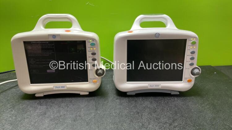 2 x GE Dash 3000 Patient Monitors Including ECG, NBP, CO2, BP1, BP2, SpO2 and Temp/Co Options (Both Power Up) *SN B2DHJ1709G, SBG06025867GA*