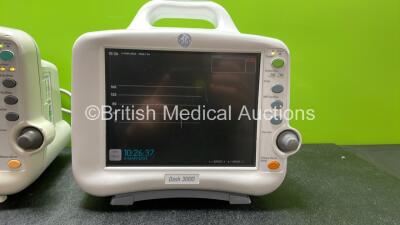 2 x GE Dash 3000 Patient Monitors Including ECG, NBP, CO2, BP1, BP2, SpO2 and Temp/Co Options (Both Power Up) *SN B2DHJ1709G, SBG06025867GA* - 3