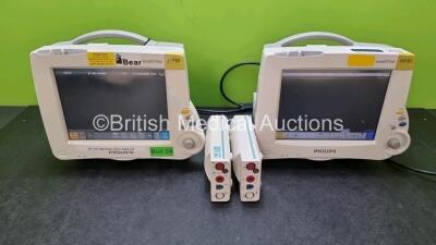 Job Lot Including 2 x Philips IntelliVue MP30 Patient Monitors (Both Power Up 1 x With Damage to Casing - See Photo) and 2 x Philips M3001A Modules Opt A01C06 Including ECG, SpO2, NBP, Press and Temp Options (1 x with Loose Front Cover *SN DE632G4298 / DE