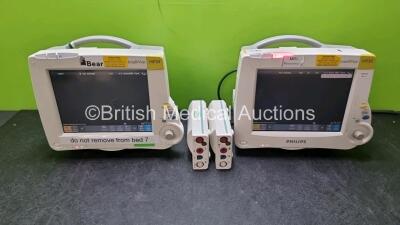 Job Lot Including 2 x Philips IntelliVue MP30 Patient Monitors (Both Power Up 1 x with Scratches in Screen - See Photo) and 2 x Philips M3001A Modules Opt A01C06 Including ECG, SpO2, NBP, Press and Temp Options *SN DE717L6548 / DE63211858 / DE72879228 / D