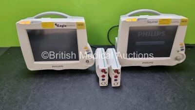 Job Lot Including 2 x Philips IntelliVue MP30 Patient Monitors (Both Power Up 1 x with Crack In Casing and Missing Dial - See Photo) and 2 x Philips M3001A Modules Opt A01C06 Including ECG, SpO2, NBP, Press and Temp Options 1 x with Damaged Casing - See P