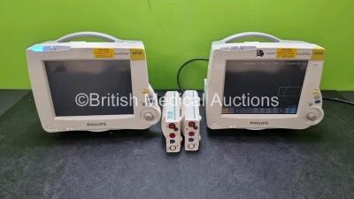 Job Lot Including 2 x Philips IntelliVue MP30 Patient Monitors (Both Power Up 1 x With Crack in Casing - See Photo) and 2 x Philips M3001A Modules Opt A01C06 Including ECG, SpO2, NBP, Press and Temp Options *SN DE22750641 . DE632H4242 / DE72894535 / DE728