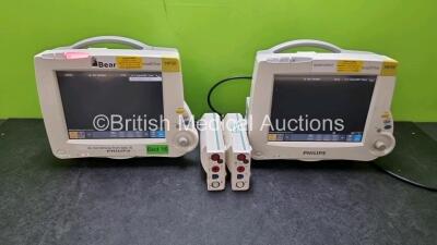 Job Lot Including 2 x Philips IntelliVue MP30 Patient Monitors (Both Power Up 1 x with Crack In Casing, Both with Light Scratching On Screen - See Photo) and 2 x Philips M3001A Modules Opt A01C06 Including ECG, SpO2, NBP, Press and Temp Options (1 x with 