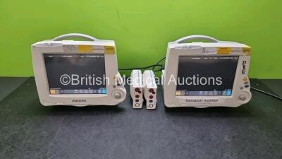 Job Lot Including 2 x Philips IntelliVue MP30 Patient Monitors (Both Power Up Both with Light Scratching on Screen - See Photo) and 2 x Philips M3001A Modules Opt A01C06 Including ECG, SpO2, NBP, Press and Temp Options (Both with Small Cracks In Casing - 