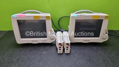 Job Lot Including 2 x Philips IntelliVue MP30 Patient Monitors (Both Power Up) and 2 x Philips M3001A Modules Opt A01C06 Including ECG, SpO2, NBP, Press and Temp Options *SN DE717R0206 / DE632G3028 / DE72886873 / DE72889619*