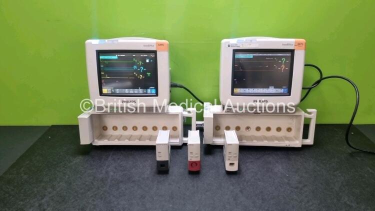 Job Lot Including 1 x Philips IntelliVue MP5 Patient Monitors Including ECG, SpO2, NIBP, Press , Temp and Printer Options, 1 x Philips IntelliVue MP5 Patient Monitors Including ECG, SpO2, NIBP, CO2, Press , Temp and Printer Options (Both Power Up 1 x Dam