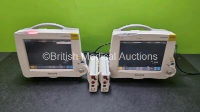 Job Lot Including 2 x Philips IntelliVue MP30 Patient Monitors (Both Power Up) and 2 x Philips M3001A Modules Opt A01C06 Including ECG, SpO2, NBP, Press and Temp Options *SN DE907U0786 / DE717N8246 / DE72847456 / DE72847459*