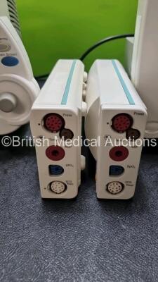 Job Lot Including 2 x Philips IntelliVue MP30 Patient Monitors (Both Power Up) and 2 x Philips M3001A Modules Opt A01C06 Including ECG, SpO2, NBP, Press and Temp Options *SN DE907U0786 / DE717N8246 / DE72847456 / DE72847459* - 2