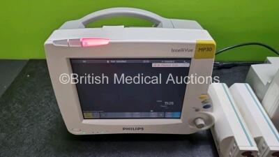 Job Lot Including 2 x Philips IntelliVue MP30 Patient Monitors (Both Power Up) and 2 x Philips M3001A Modules Opt A01C06 Including ECG, SpO2, NBP, Press and Temp Options *SN DE907U0786 / DE717N8246 / DE72847456 / DE72847459* - 4