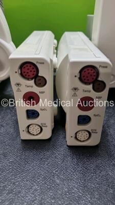 Job Lot Including 2 x Philips IntelliVue MP30 Patient Monitors (Both Power Up) and 2 x Philips M3001A Modules Opt A01C06 Including ECG, SpO2, NBP, Press and Temp Options *SN DE3450DCRY / DE3450DCT2 / DE72847463 / DE72847466* - 2