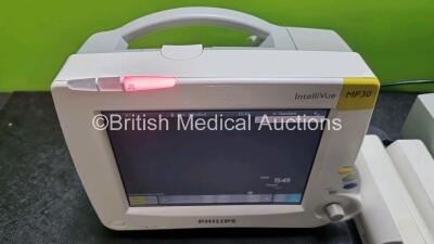 Job Lot Including 2 x Philips IntelliVue MP30 Patient Monitors (Both Power Up) and 2 x Philips M3001A Modules Opt A01C06 Including ECG, SpO2, NBP, Press and Temp Options *SN DE3450DCRY / DE3450DCT2 / DE72847463 / DE72847466* - 4