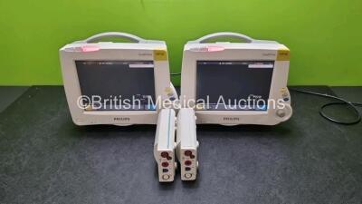 Job Lot Including 2 x Philips IntelliVue MP30 Patient Monitors (Both Power Up 1 x Slight Crack in Casing - See Photo) and 2 x Philips M3001A Modules Opt A01C06 Including ECG, SpO2, NBP, Press and Temp Options *SN DE717N0315 / DE3450DCRH / DE72847480 / DE7