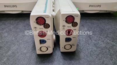 Job Lot Including 2 x Philips IntelliVue MP30 Patient Monitors (Both Power Up 1 x Slight Crack in Casing - See Photo) and 2 x Philips M3001A Modules Opt A01C06 Including ECG, SpO2, NBP, Press and Temp Options *SN DE717N0315 / DE3450DCRH / DE72847480 / DE7 - 2