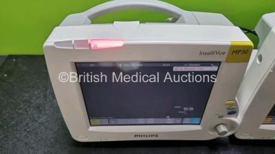 Job Lot Including 2 x Philips IntelliVue MP30 Patient Monitors (Both Power Up 1 x Slight Crack in Casing - See Photo) and 2 x Philips M3001A Modules Opt A01C06 Including ECG, SpO2, NBP, Press and Temp Options *SN DE717N0315 / DE3450DCRH / DE72847480 / DE7 - 4