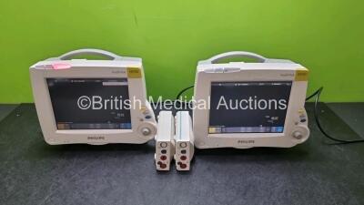 Job Lot Including 2 x Philips IntelliVue MP30 Patient Monitors (Both Power Up 1 x with Slight Crack in Casing - See Photo) and 2 x Philips M3001A Modules Opt A01C06 Including ECG, SpO2, NBP, Press and Temp Options *SN DE3450DCTE / DE717N0369 / DE72847469 