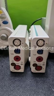 Job Lot Including 2 x Philips IntelliVue MP30 Patient Monitors (Both Power Up 1 x with Slight Crack in Casing - See Photo) and 2 x Philips M3001A Modules Opt A01C06 Including ECG, SpO2, NBP, Press and Temp Options *SN DE3450DCTE / DE717N0369 / DE72847469 - 2