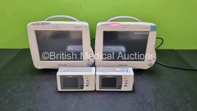 Job Lot Including 2 x Philips IntelliVue MP50 Patient Monitors (Both Power Up 1 x with Missing Casing - See Photo) and 2 x IntelliVue X2 Handheld Patient Monitors Including ECG, SpO2, NBP, Press and Temp Options (Both Power Up) *SN DE575R243 / DE44025746 