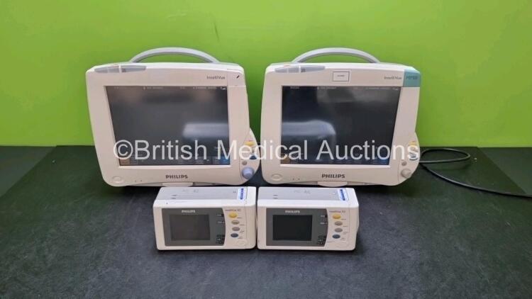 Job Lot Including 2 x Philips IntelliVue MP50 Patient Monitors (Both Power Up) and 2 x IntelliVue X2 Handheld Patient Monitors Including ECG, SpO2, NBP, Press and Temp Options (Both Power Up) *SN DE675R5161 / DE037C3950 / DE44025765 / DE44025757*