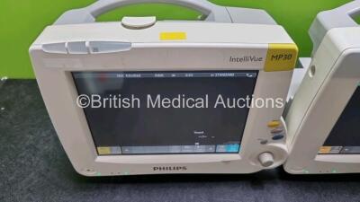 Job Lot Including 2 x Philips IntelliVue MP30 Patient Monitors (Both Power Up) and 2 x IntelliVue X2 Handheld Patient Monitors Including ECG, SpO2, NBP, Press and Temp Options (Both Power Up) *SN DE03758154 / DE037C4737 / DE72882350 / DE72882368* - 3