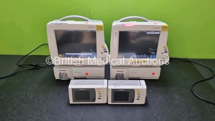 Job Lot Including 2 x Philips IntelliVue MP30 Patient Monitors (Both Power Up) 2 x Philips IntelliVue G5 M1019A Gas Module Including 2 x Water Traps (Both Power Up) and 2 x IntelliVue X2 Handheld Patient Monitors Including ECG, SpO2, NBP, Press and Temp