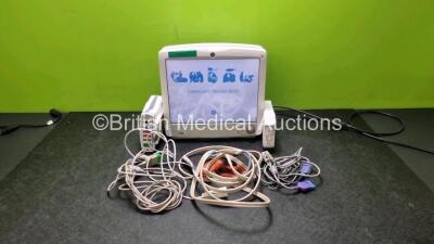 GE Carescape B650 Touch Screen Patient Monitor *Mfd 2011* (Powers Up) with 1 x GE REF 2016793-002 Patient Data Module Including ECG, Temp/CO, P1/P3, P2/P4, SpO2 and NIBP Options *Mfd 2010*, 1 x GE E-miniC-00 Gas Module with Mini D-Fend Water Trap and Pati