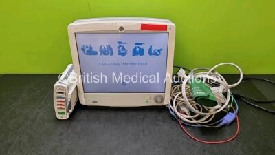 GE Carescape B650 Touch Screen Patient Monitor *Mfd 2011* (Powers Up) with 1 x GE REF 2016793-002 Patient Data Module Including ECG, Temp/CO, P1/P3, P2/P4, SpO2 and NIBP Options *Mfd 2011* and Patient Monitoring Cables *SN SA311256689GA / SEW11405514HA*