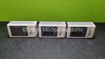 3 x IntelliVue X2 Handheld Patient Monitors Including ECG, SpO2, NBP, Press and Temp Options (2 x Power Up 1 x Draws Power , Monitors for Power Testing Only) *SN DE037B4051 / DE575R5182 / DE03794930*