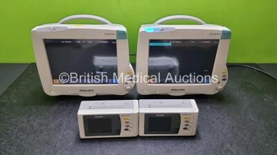 Job Lot Including 2 x Philips IntelliVue MP50 Patient Monitors (Both Power Up) and 2 x IntelliVue X2 Handheld Patient Monitors Including ECG, SpO2, NBP, Press and Temp Options (Both Power Up Both with Missing Battery Cover and 1 x with Damage To Casing - 