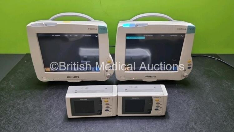 Job Lot Including 2 x Philips IntelliVue MP50 Patient Monitors (Both Power Up) and 2 x IntelliVue X2 Handheld Patient Monitors Including ECG, SpO2, NBP, Press and Temp Options (Both Power Up Both with Missing Battery Cover and 1 x with Damage To Casing -