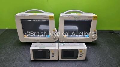 Job Lot Including 2 x Philips IntelliVue MP30 Patient Monitors (Both Power Up 1 x with Light Scratch In Screen - See Photo) and 2 x IntelliVue X2 Handheld Patient Monitors Including ECG, SpO2, NBP, Press and Temp Options (Both Power Up) *SN DE03758270 / D