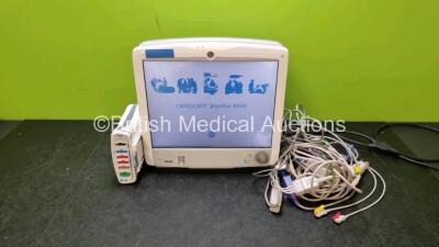 GE Carescape B650 Touch Screen Patient Monitor *Mfd 2011* (Powers Up) with 1 x GE REF 2016793-002 Patient Data Module Including ECG, Temp/CO, P1/P3, P2/P4, SpO2 and NIBP Options *Mfd 2011* and Patient Monitoring Cables *SN SA311256711GA / SEW11405510HA*