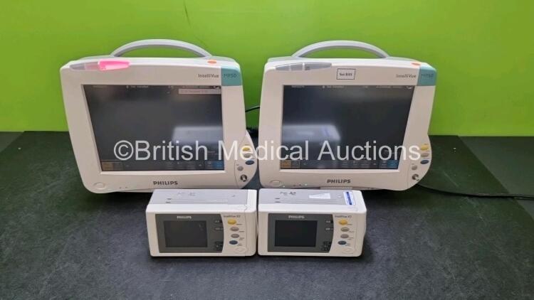 Job Lot Including 2 x Philips IntelliVue MP50 Patient Monitors (Both Power Up) and 2 x IntelliVue X2 Handheld Patient Monitors Including ECG, SpO2, NBP, Press and Temp Options (Both Power Up) *SN DE0379506016 / DE037B395 / DE44025768 / DE44025777*