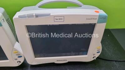 Job Lot Including 2 x Philips IntelliVue MP50 Patient Monitors (Both Power Up) and 2 x IntelliVue X2 Handheld Patient Monitors Including ECG, SpO2, NBP, Press and Temp Options (Both Power Up) *SN DE0379506016 / DE037B395 / DE44025768 / DE44025777* - 2