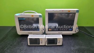 Job Lot Including 1 x Philips IntelliVue MP50 Patient Monitor (Powers Up) 1 x Philips IntelliVue MP50 Patient Monitor (Powers Up, Damage Module Connection - See Photo) and 2 x IntelliVue X2 Handheld Patient Monitors Including ECG, SpO2 and NBP Options (Bo