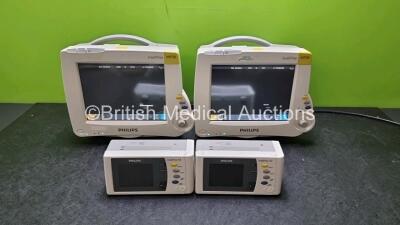 Job Lot Including 2 x Philips IntelliVue MP30 Patient Monitors (Both Power Up 1 x with Light Scratching on Screen - See Photo) and 2 x IntelliVue X2 Handheld Patient Monitors Including ECG, SpO2, NBP, Press and Temp Options (Both Power Up) *SN DE03758253