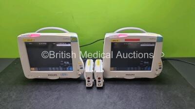 Job Lot Including 2 x Philips IntelliVue MP50 Patient Monitors (Both Power Up) and 2 x Philips M3001A OPT A01 Modules Including ECG, SpO2 and NBP Options *SN DE907U8728 / DE632H2680 / DE72848909 / DE72848894*