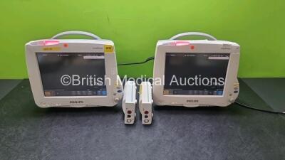 Job Lot Including 2 x Philips IntelliVue MP50 Patient Monitors (Both Power Up) and 2 x Philips M3001A OPT A01 Modules Including ECG, SpO2 and NBP Options *SN DE907V4203 / DE512B7911 / DE44025428 / DE44025485*