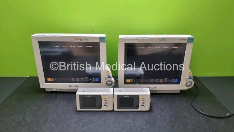 2 x Philips IntelliVue MP70 Patient Monitors (Both Power Up Both with Light Scratching on Screen and Missing Dials - See Photos) with 2 x IntelliVue X2 Handheld Patient Monitors Including ECG, SpO2, NBP, Press and Temp Options (Both Power Up Both with Sli