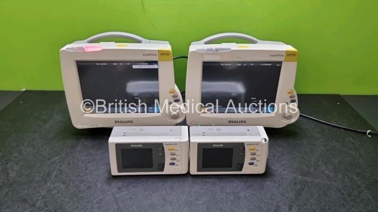 Job Lot Including 2 x IntelliVue MP30 Patient Monitors (Both Power Up Both with Light Scratching on Screen - See Photos) and 2 x IntelliVue X2 Handheld Patient Monitors Including ECG, SpO2, NBP, Press and Temp Options (1 x No Power with Damage to Screen -