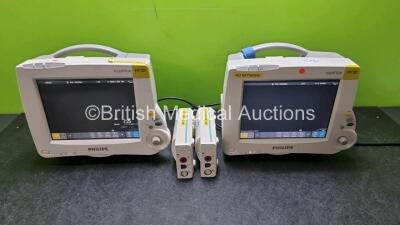 Job Lot Including 2 x Philips IntelliVue MP20 Patient Monitors (Both Power Up 1 x with Light Scratch on Screen - See Photo) and 2 x Philips M3001A OPT A01 Modules Including ECG, SpO2 and NBP Options *SN DE512B7946 / DE907V4170 / DE72841804 / DE62224145*