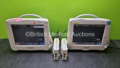 Job Lot Including 2 x Philips IntelliVue MP50 Patient Monitors (Both Power Up Both with, Both with Damage to Casing - See Photos) and 2 x Philips M3001A OPT A01 Modules Including ECG, SpO2 and NBP Options *SN DE907U8301 / DE907U8580*