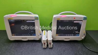 Job Lot Including 2 x Philips IntelliVue MP50 Patient Monitors (Both Power Up 1 x with Slight Damage to Casing and Light Scratching On Screen - See Photo) and 2 x Philips M3001A OPT A01 Modules Including ECG, SpO2 and NBP Options *SN DE717M4928 / DE512B