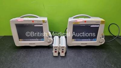 Job Lot Including 2 x Philips IntelliVue MP30 Patient Monitors (Both Power Up Both with Cracks in Casing - See Photo) and 2 x Philips M3001A OPT A01 Modules Including ECG, SpO2, NBP PRESS and TEMP Options *SN DE632H2724 / DE717M4580 / DE62225742 / DE7283